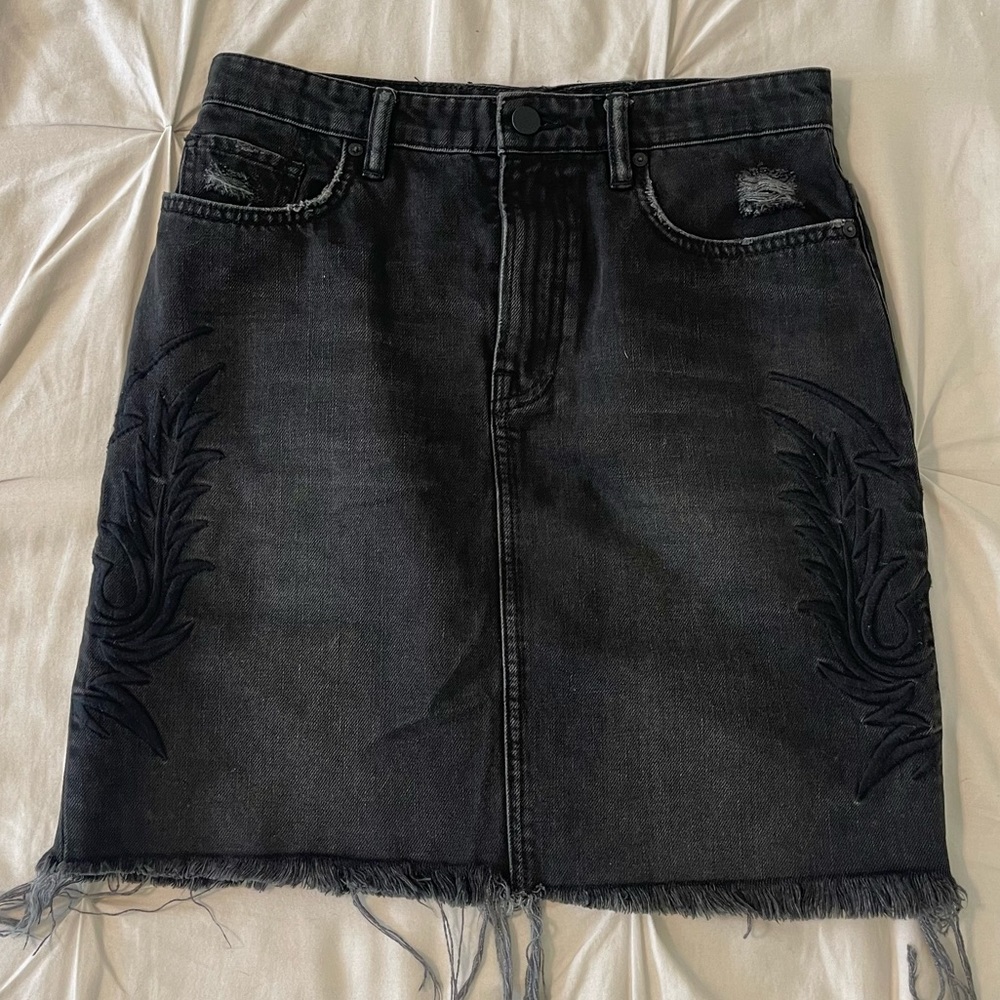 Allsaints Philly Denim Skirt Side Embroidered Washed Black